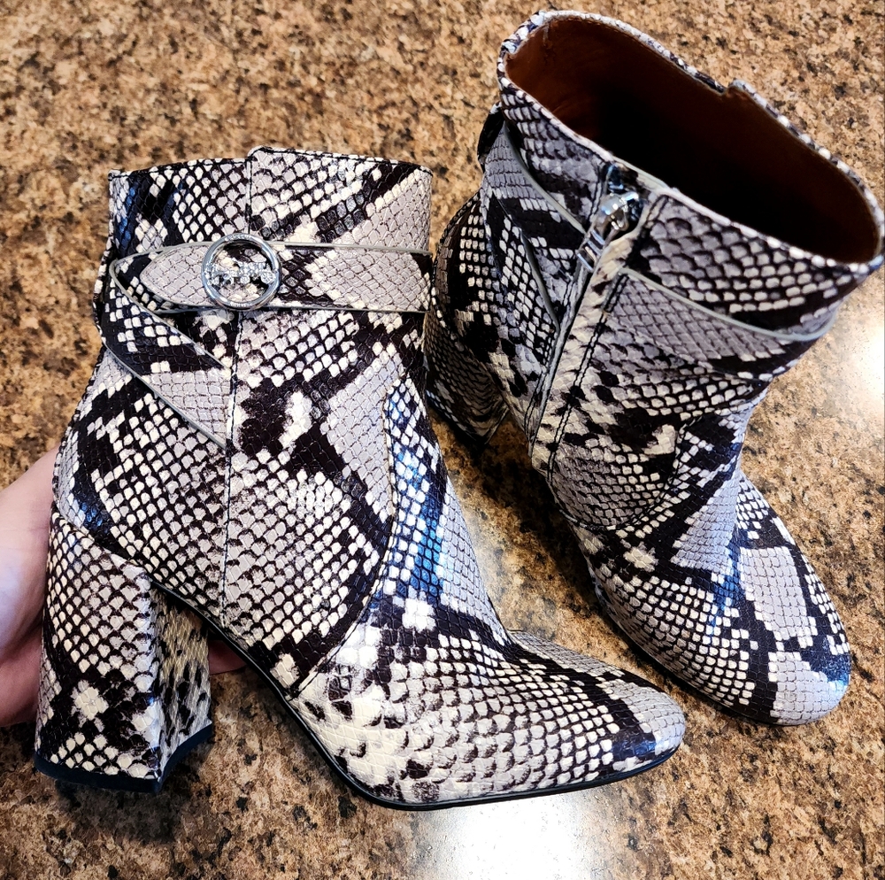 COACH "Elisa" Snakeskin-Printed Leather Heeled Boots - Black/Tan/White - Size 9